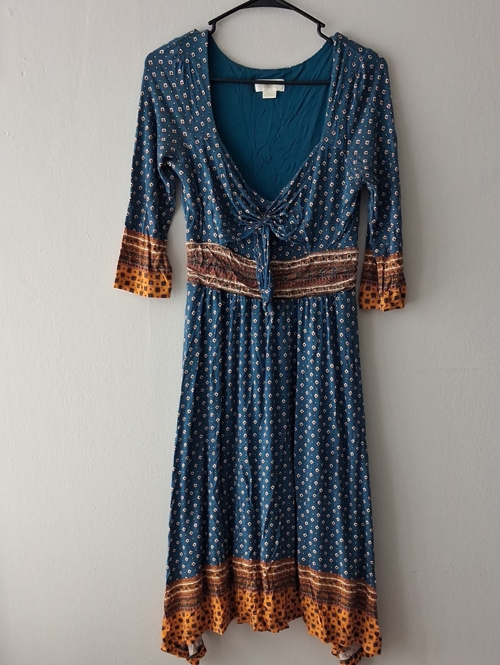 Maeve Teal Blue Printed Tie-Front Maxi Dress with Rust Accents